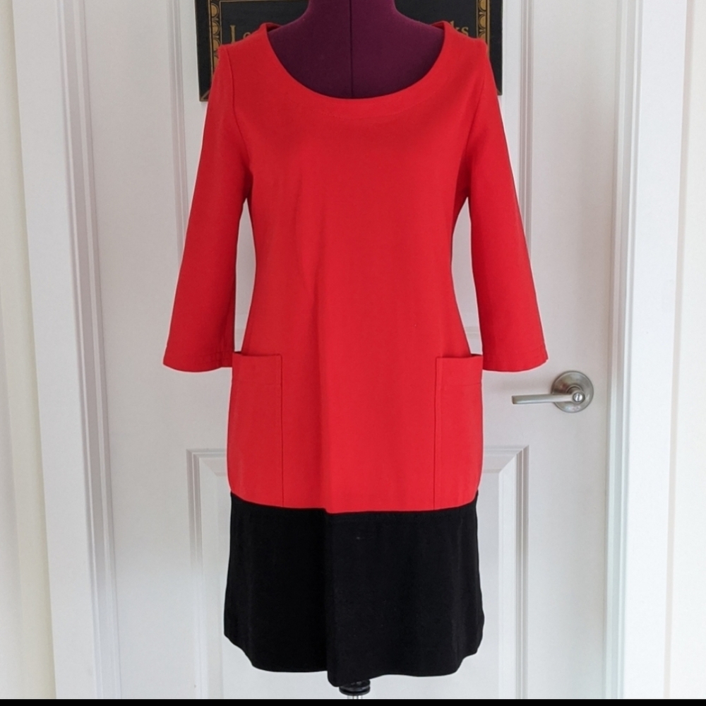 KATE SPADE RED N BLACK BOTTON STRETCH POCKETED TUNIC SIZE LARGE EUC